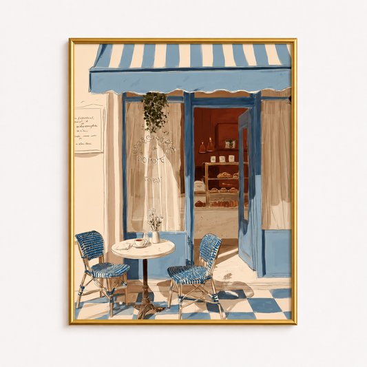 Blue Awning Café Poster – Mediterranean Café Wall Art