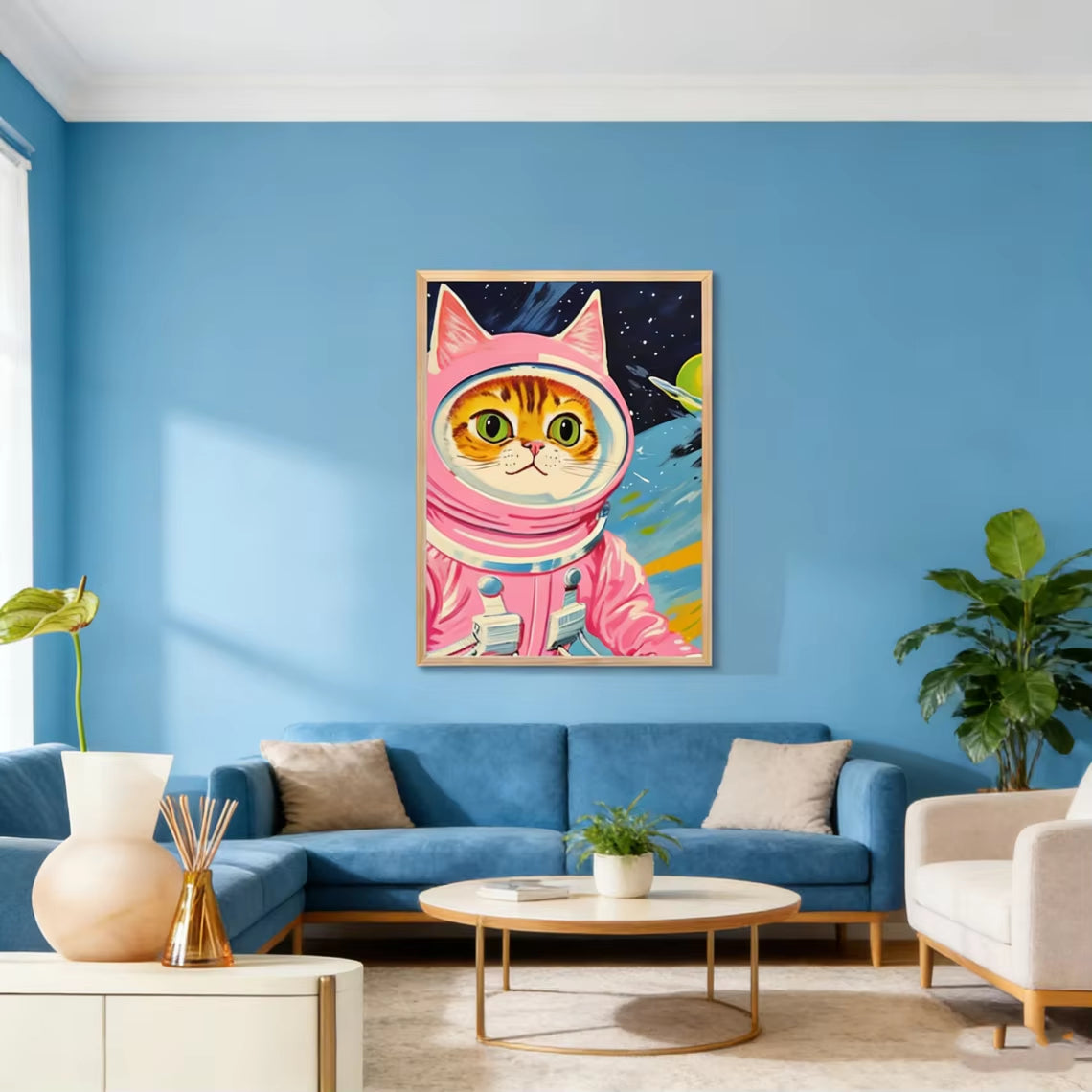 Cat Astronaut Poster, Funny Cat Canvas, Whimsical Cat in Space Wall Art, Cute Pink Cat Poster for Room Aesthetic, Colorful Kids
