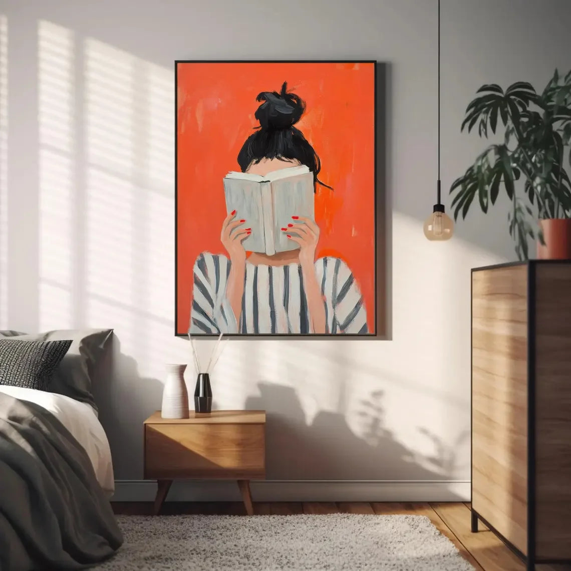 Reading Woman Art Print | Book Poster | Feminine Cozy Wall Art | Bold Orange Art Print | Abstract Contemporary Portrait Art | Au
