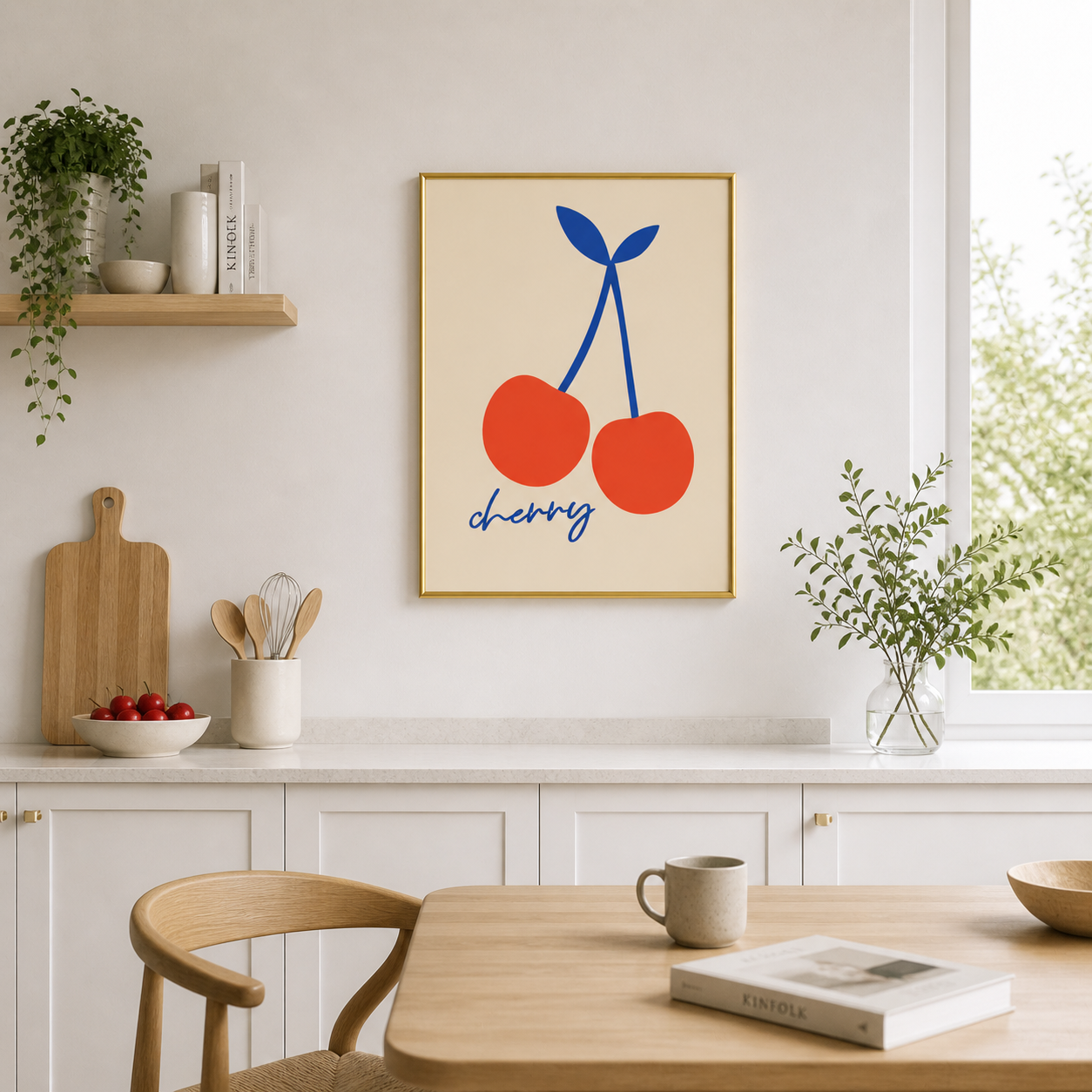 Minimal Cherry Poster – Scandinavian Fruit Wall Art