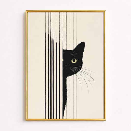 Peek Through the Lines Poster – Minimalist Black Cat Wall Art
