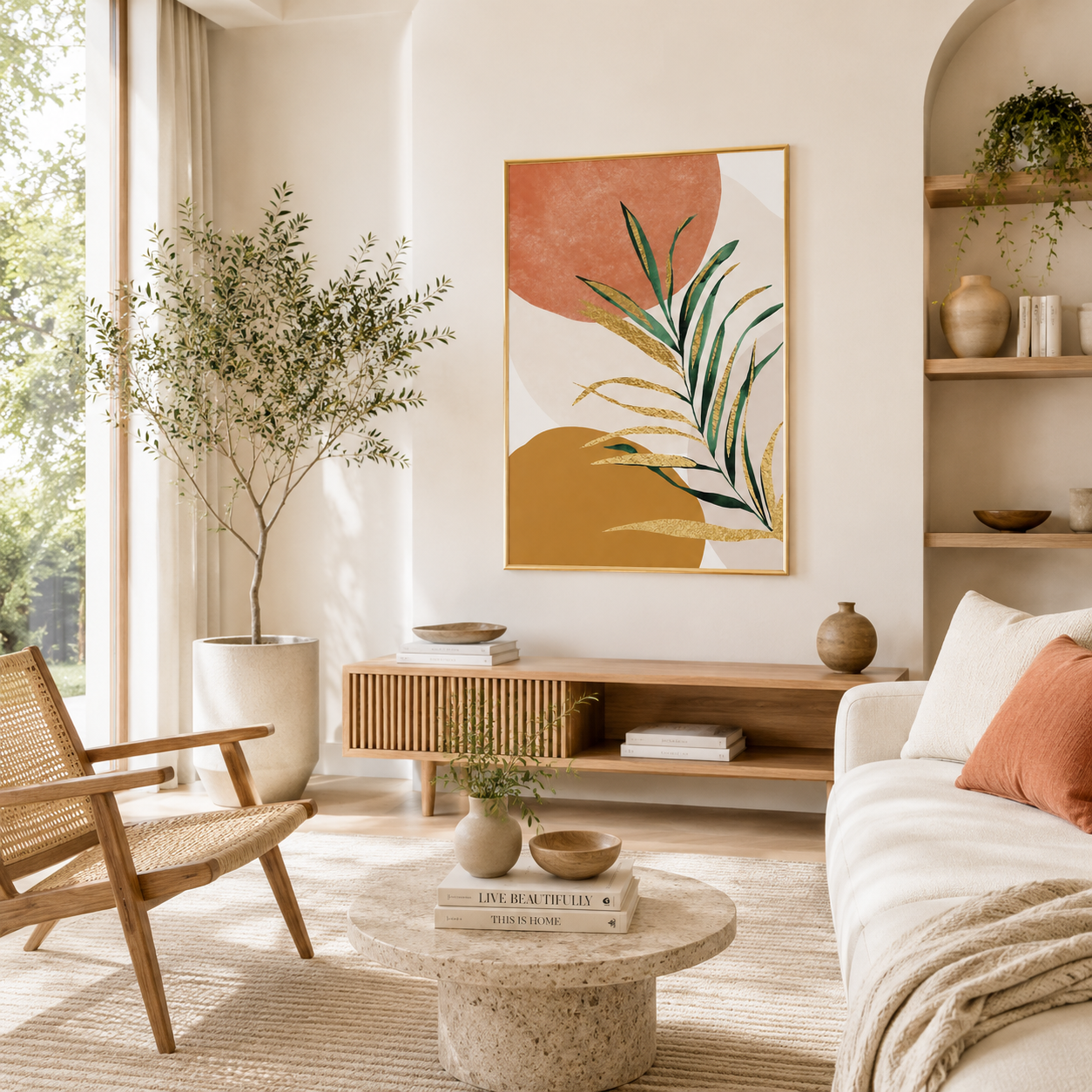 Golden Tropical Leaf Abstract Poster – Scandinavian Boho Wall Art