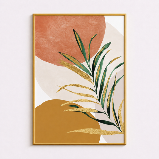 Golden Tropical Leaf Abstract Poster – Scandinavian Boho Wall Art