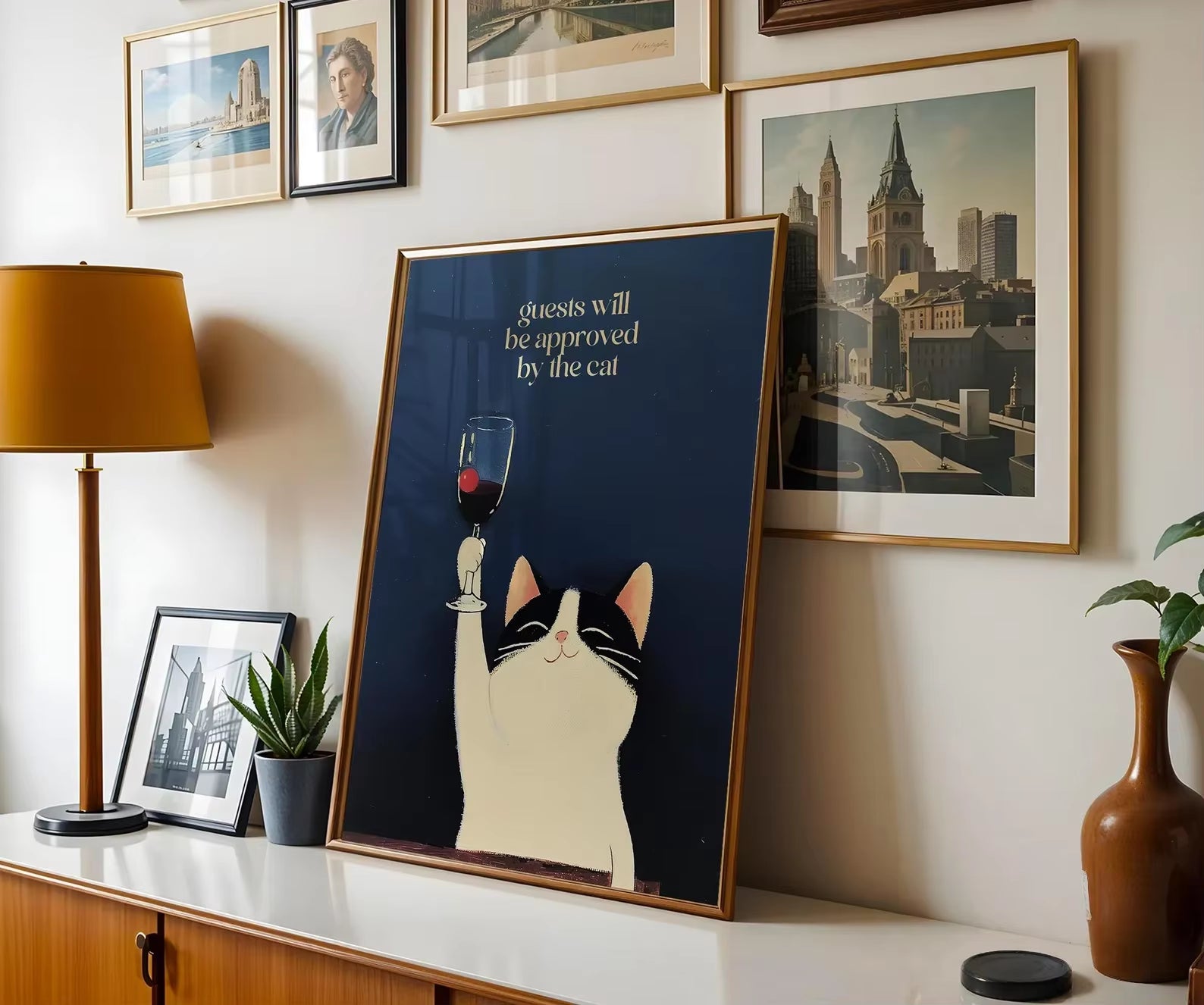 Cat and Wine Art Poster - Humorous Cat Wall Decor - Funny Cat Wall Art Gift for Cat Lover and Enthusiast - Poster and Canvas