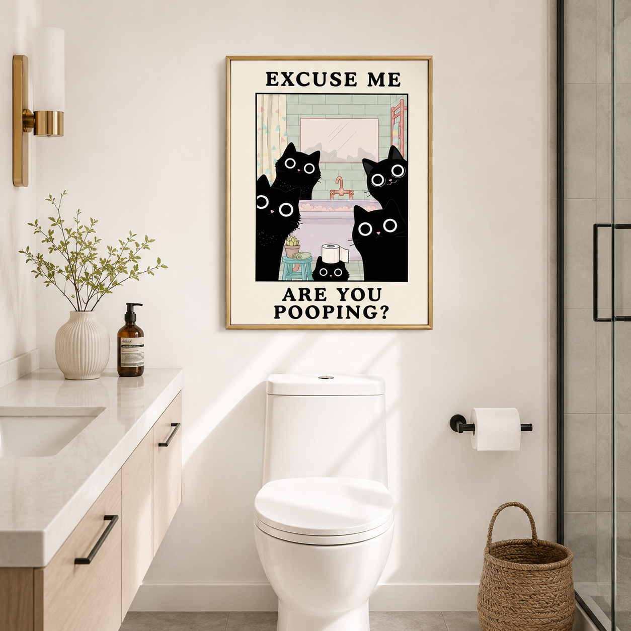 The Bathroom Board Meeting Poster – Funny Cat Bathroom Wall Art