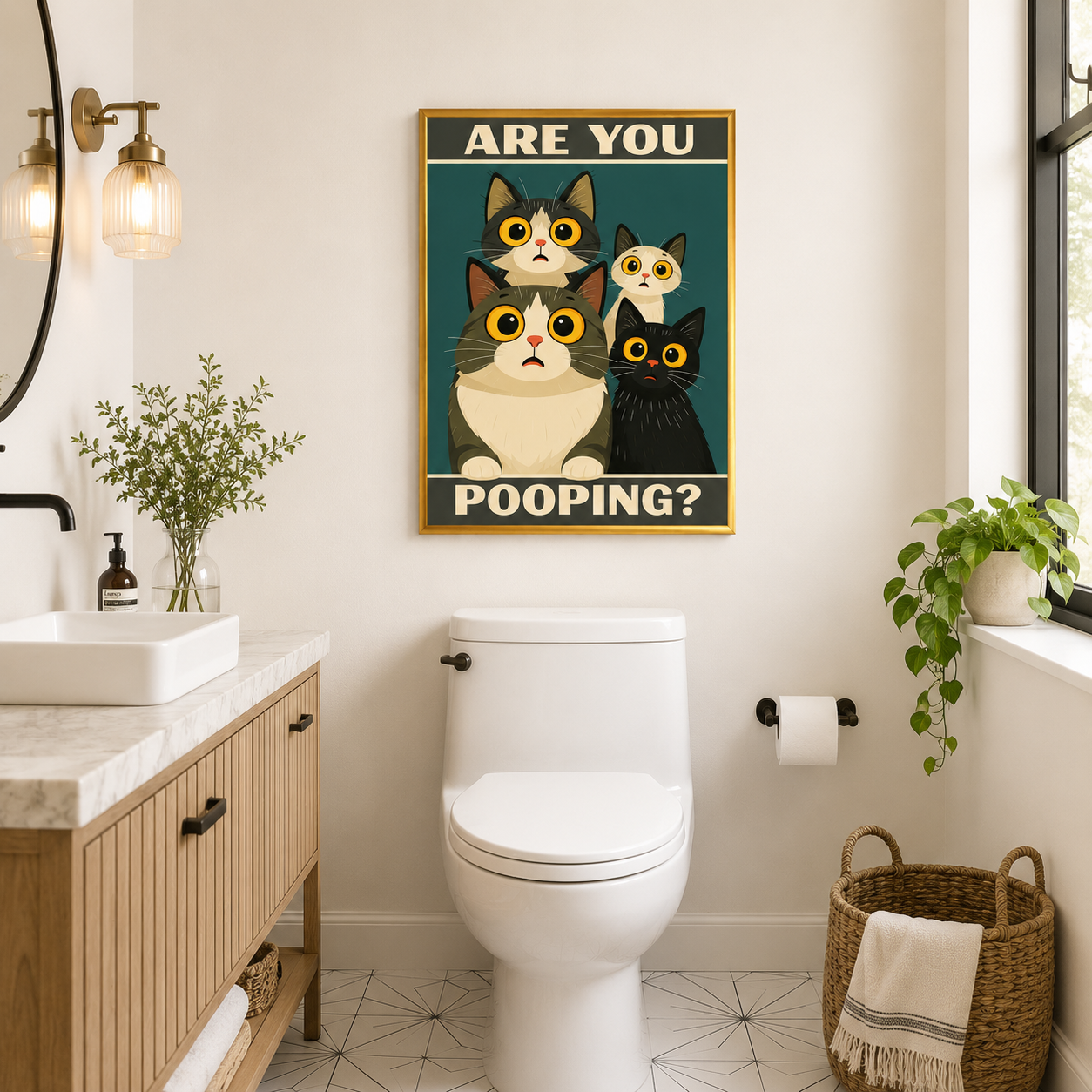 Are You Pooping? Poster – Funny Staring Cats Bathroom Wall Art