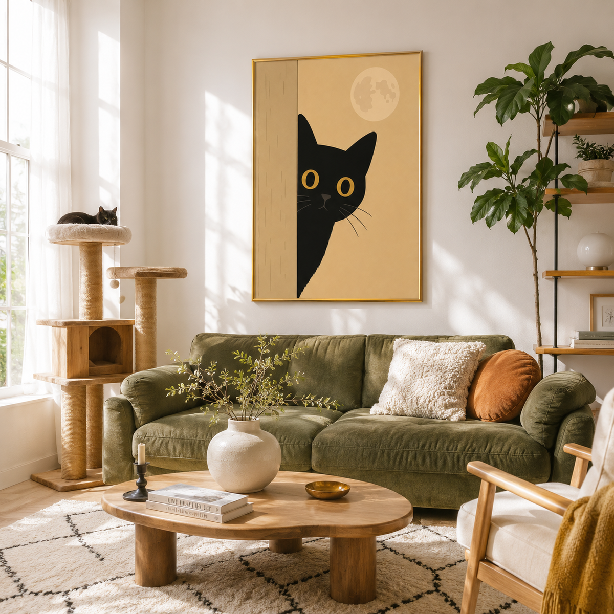 Moonlit Peek – Black Cat Minimalist Wall Art