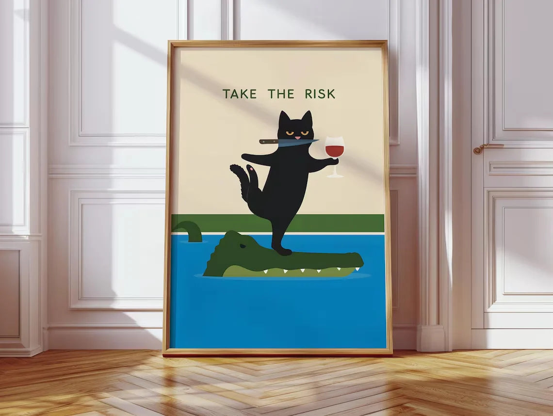 Rebel Motivational Cat Wall Art - Clean Graphic Print of a Confident Cat Embracing Danger, Blending Dark Humor with a Message Of