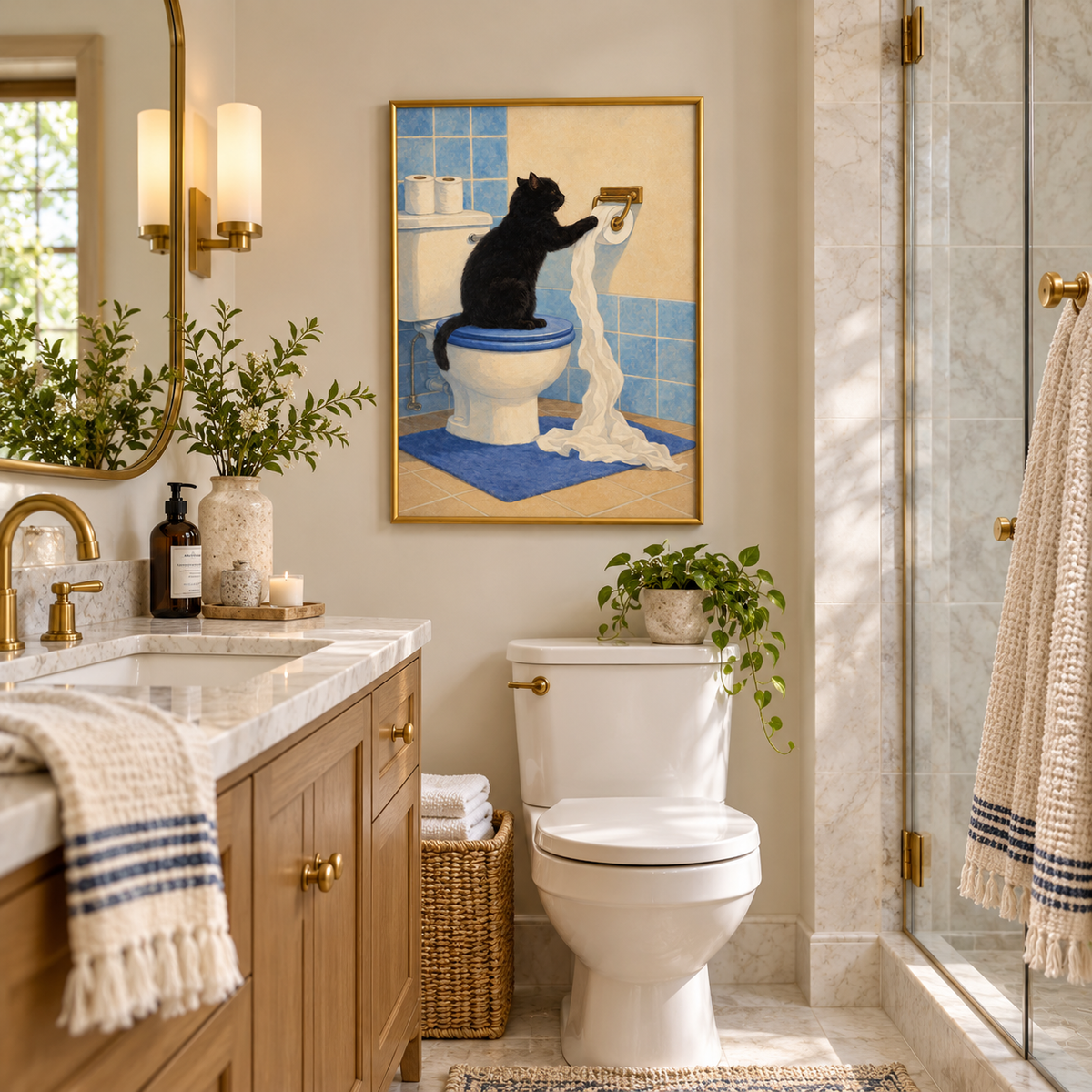 Bathroom Mischief Funny Black Cat Art Poster