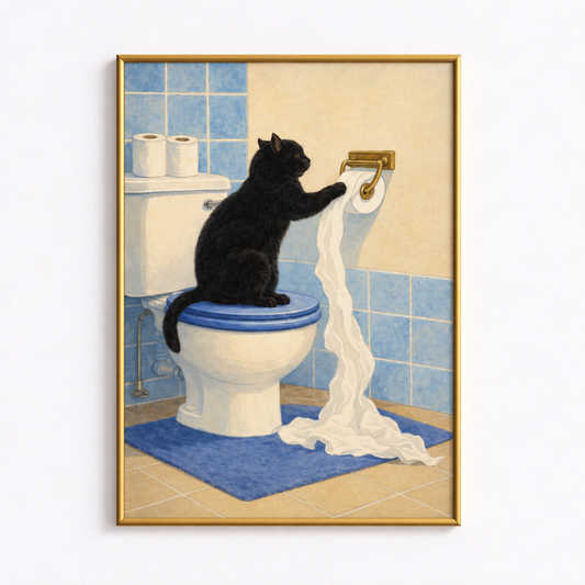 Bathroom Mischief Funny Black Cat Art Poster