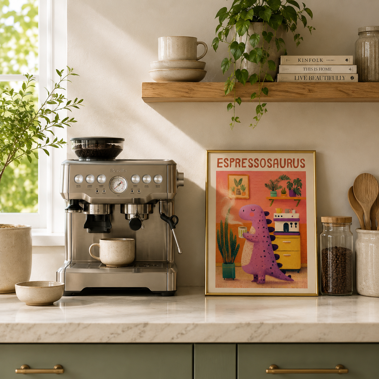 Espressosaurus Dinosaur Coffee Poster – Cute Kitchen Wall Art