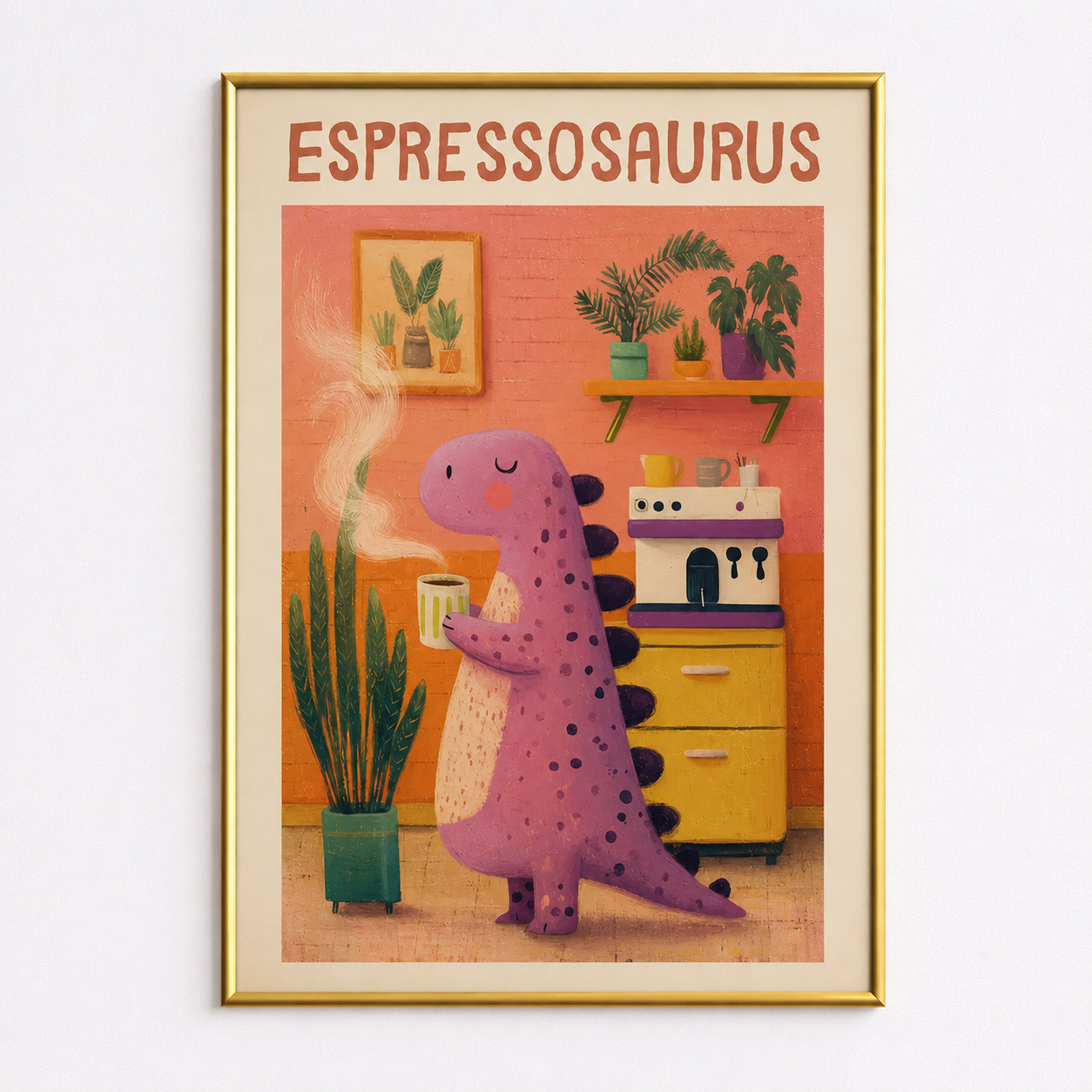 Espressosaurus Dinosaur Coffee Poster – Cute Kitchen Wall Art