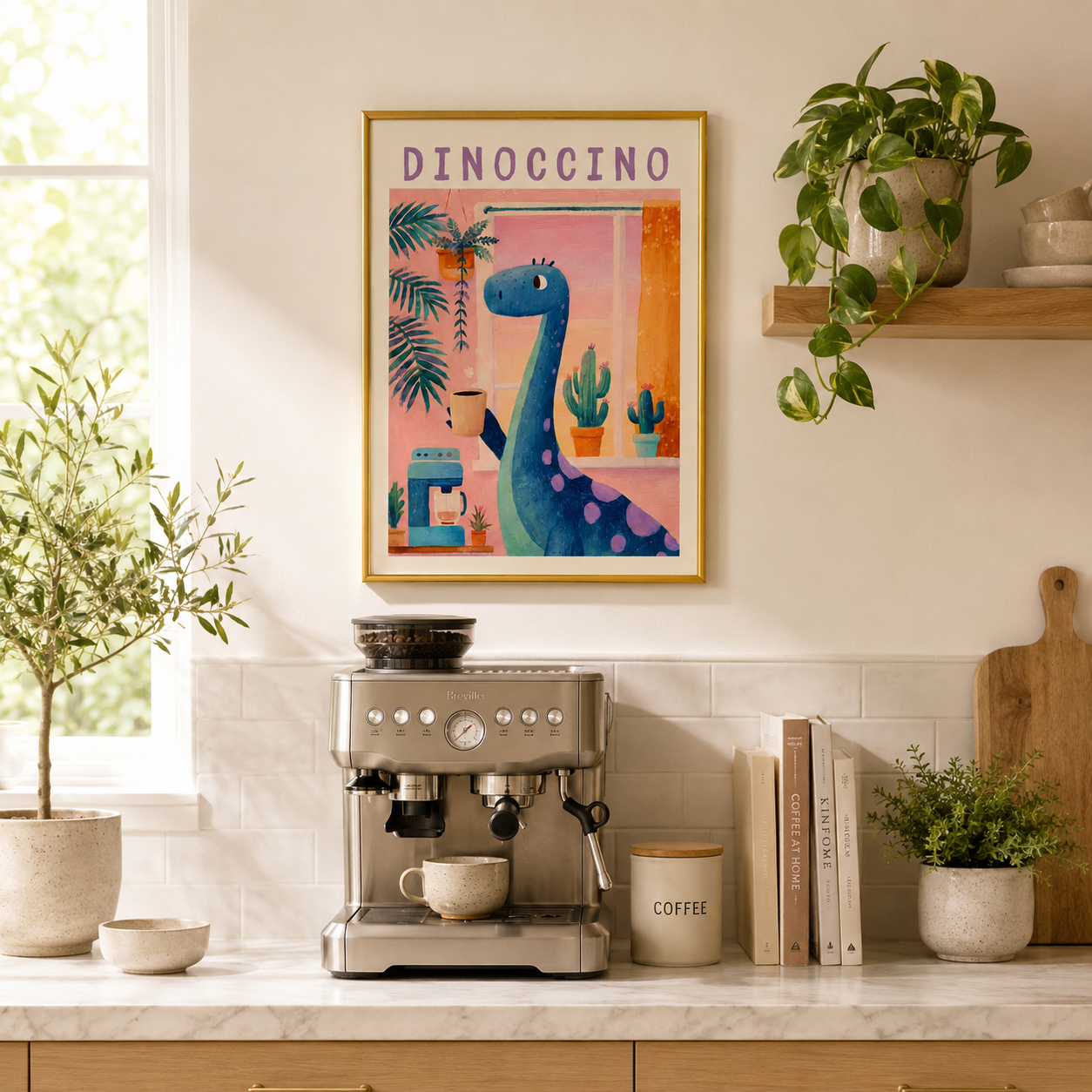 Dinoccino Dinosaur Coffee Poster – Cute Dino Kitchen Wall Art