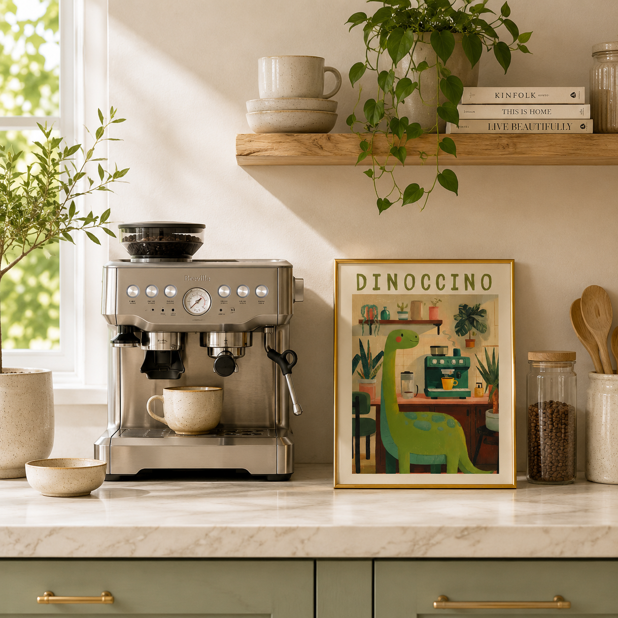 Dinoccino Dinosaur Coffee Poster – Cozy Dino Kitchen Wall Art