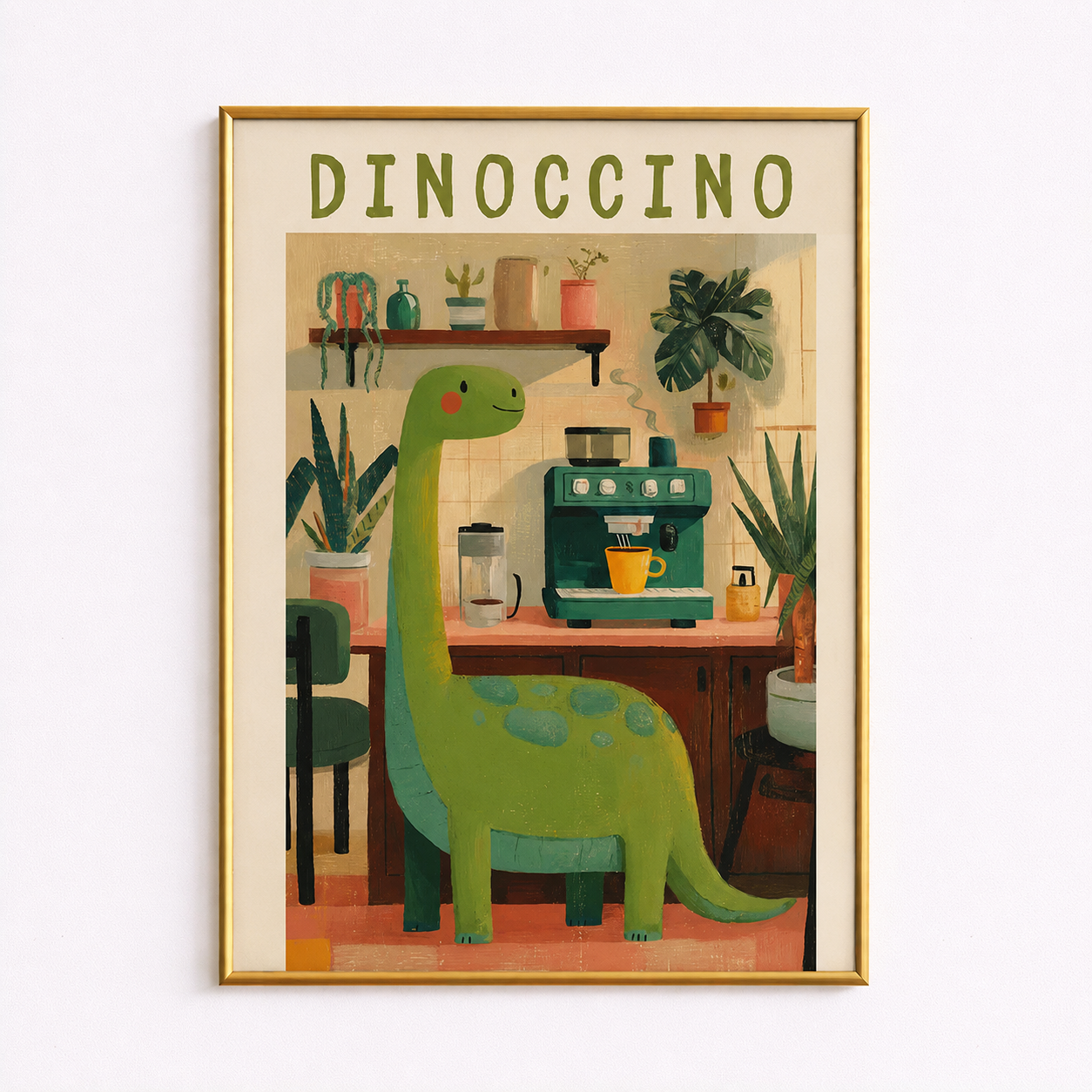 Dinoccino Dinosaur Coffee Poster – Cozy Dino Kitchen Wall Art