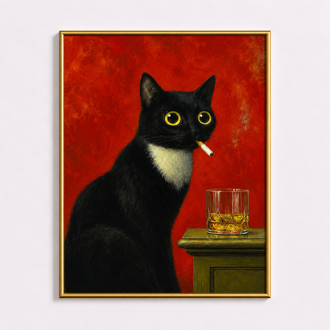Wide-Eyed Whiskey – Tuxedo Cat Wall Art