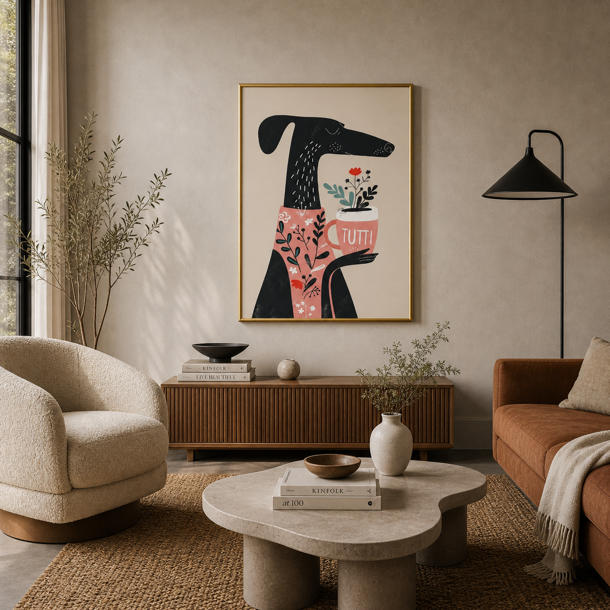Floral Coffee Dog Poster – Scandinavian Minimal Wall Art
