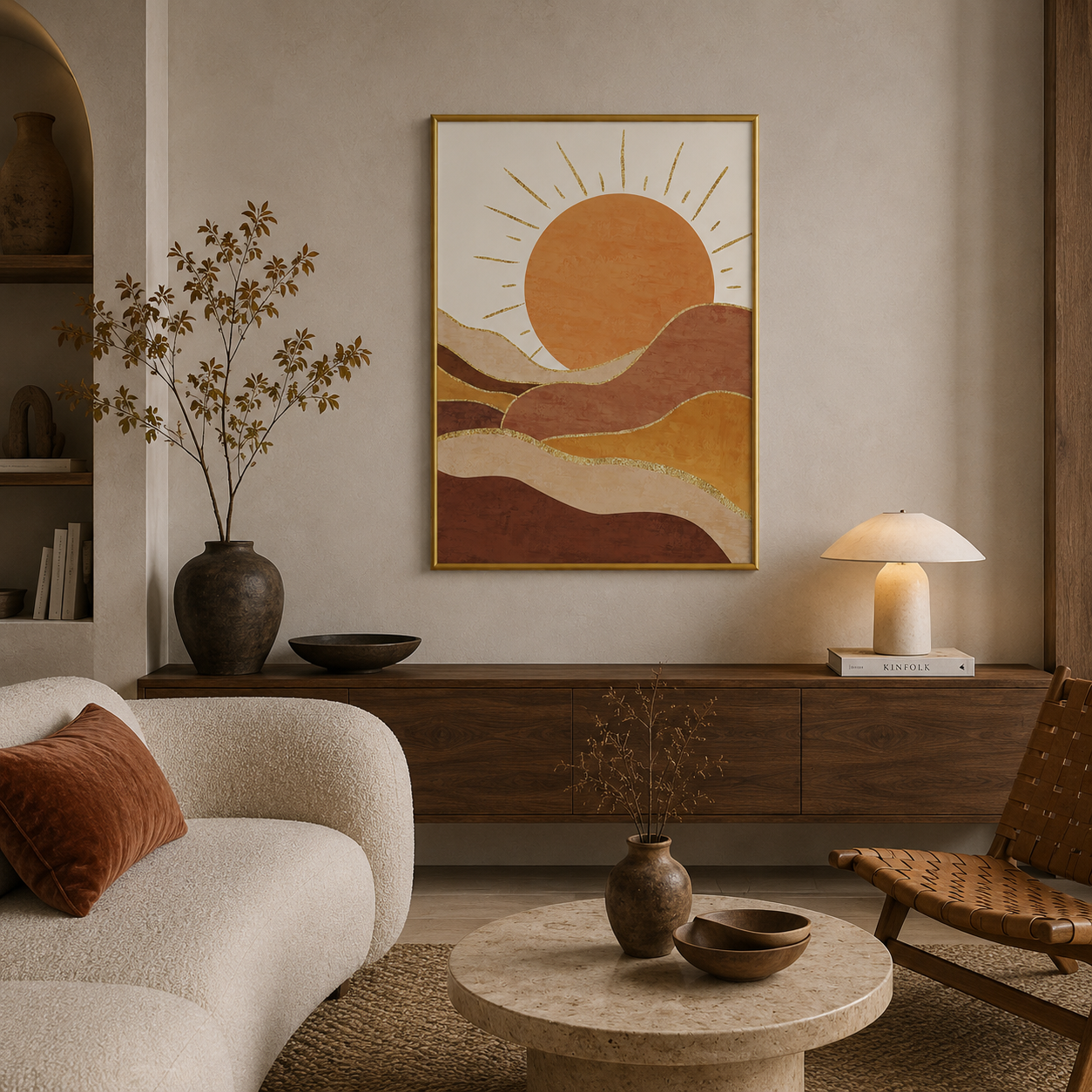 Golden Desert Sunrise Poster – Boho Abstract Landscape Wall Art