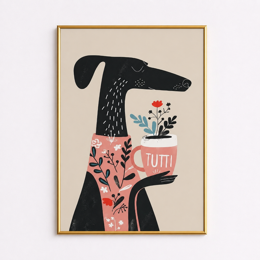 Floral Coffee Dog Poster – Scandinavian Minimal Wall Art