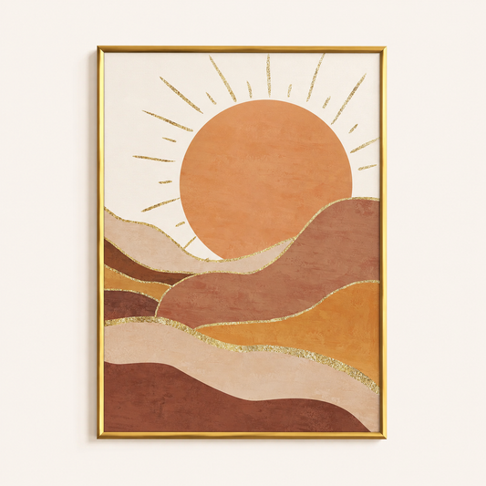 Golden Desert Sunrise Poster – Boho Abstract Landscape Wall Art