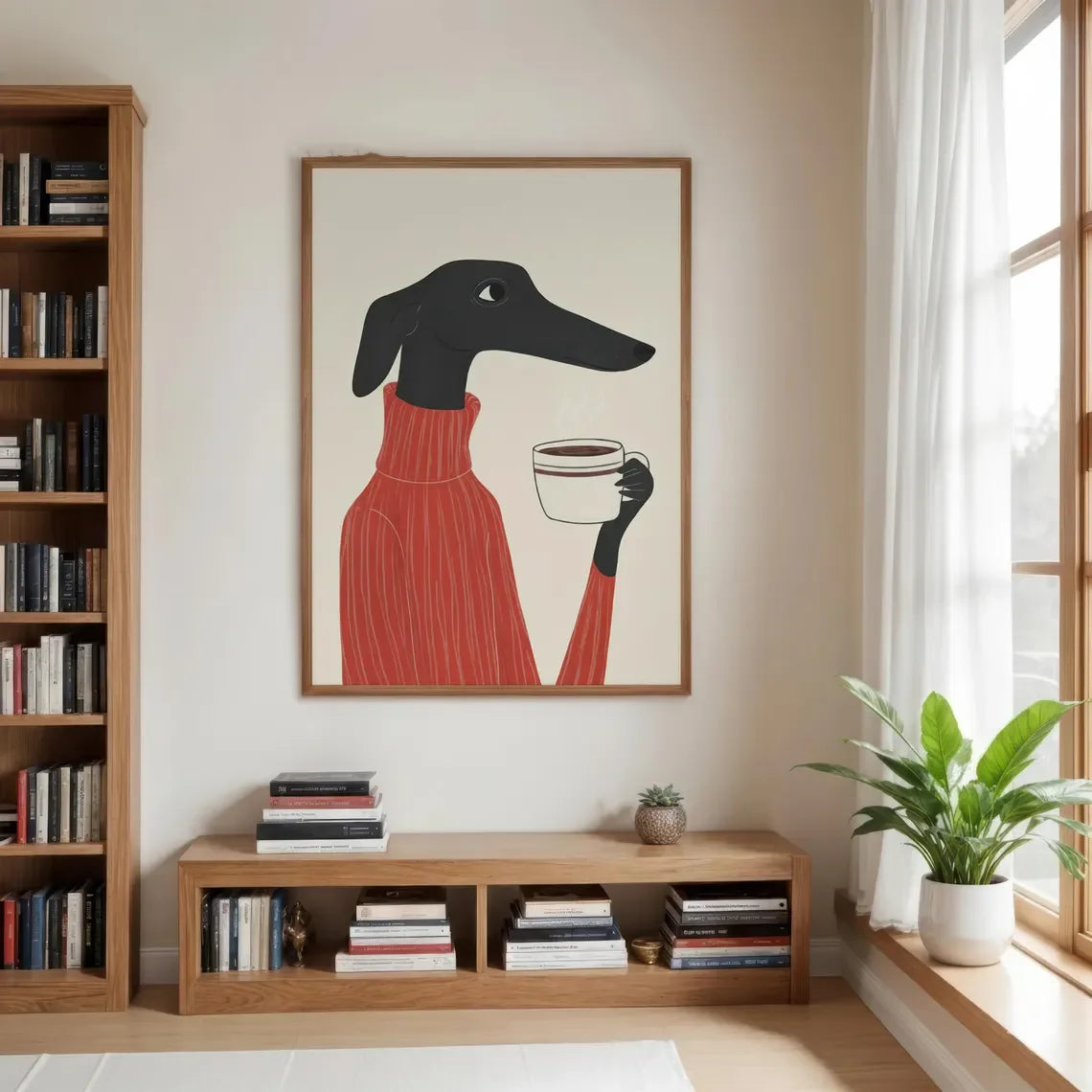 “Retro-Chic Black Hound Dog Wall Art Print - Stylish Canine in Red Turtleneck Sweater Holding Coffee Cup | Minimalist Modern Ill