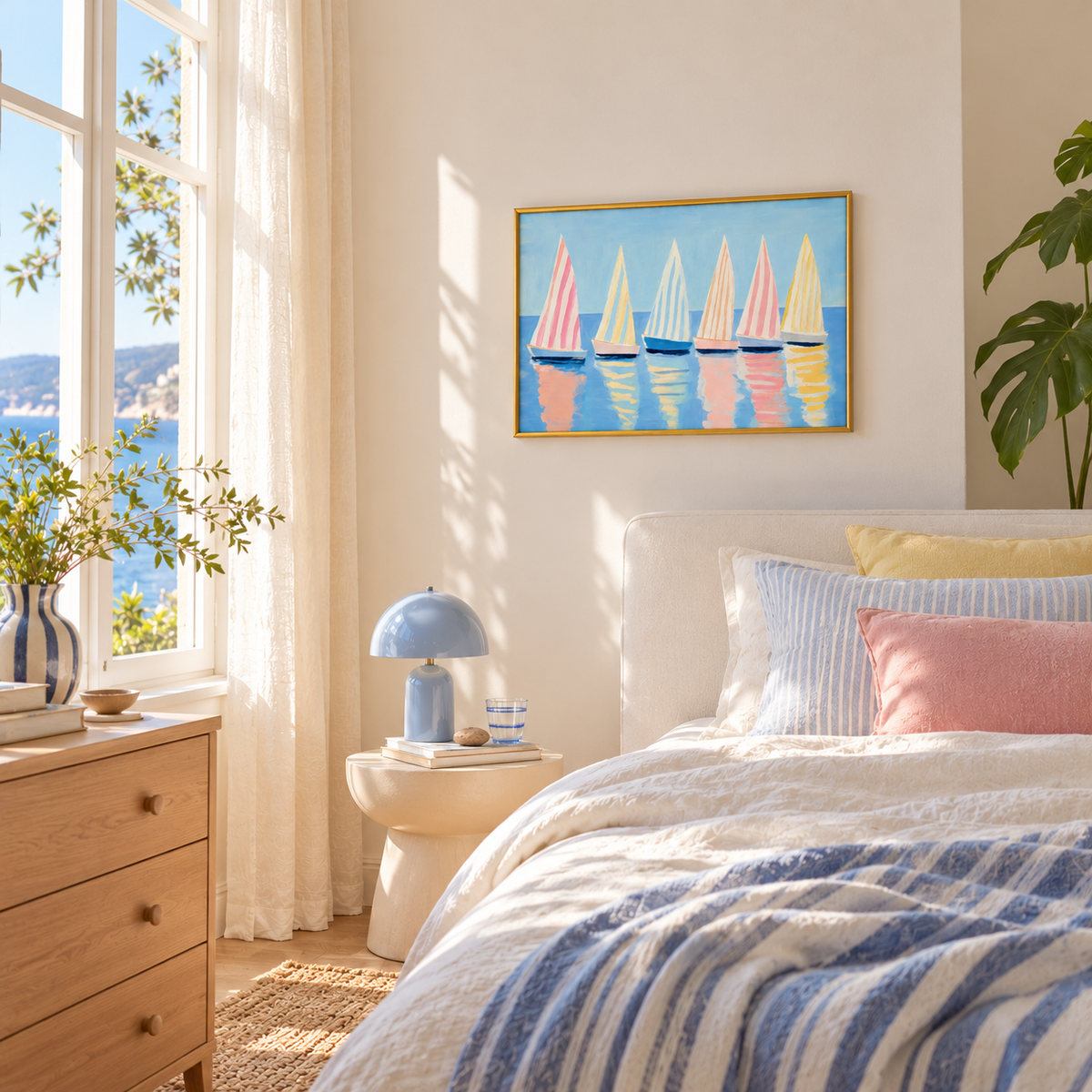 Pastel Regatta Colorful Sailboats Coastal Art Poster