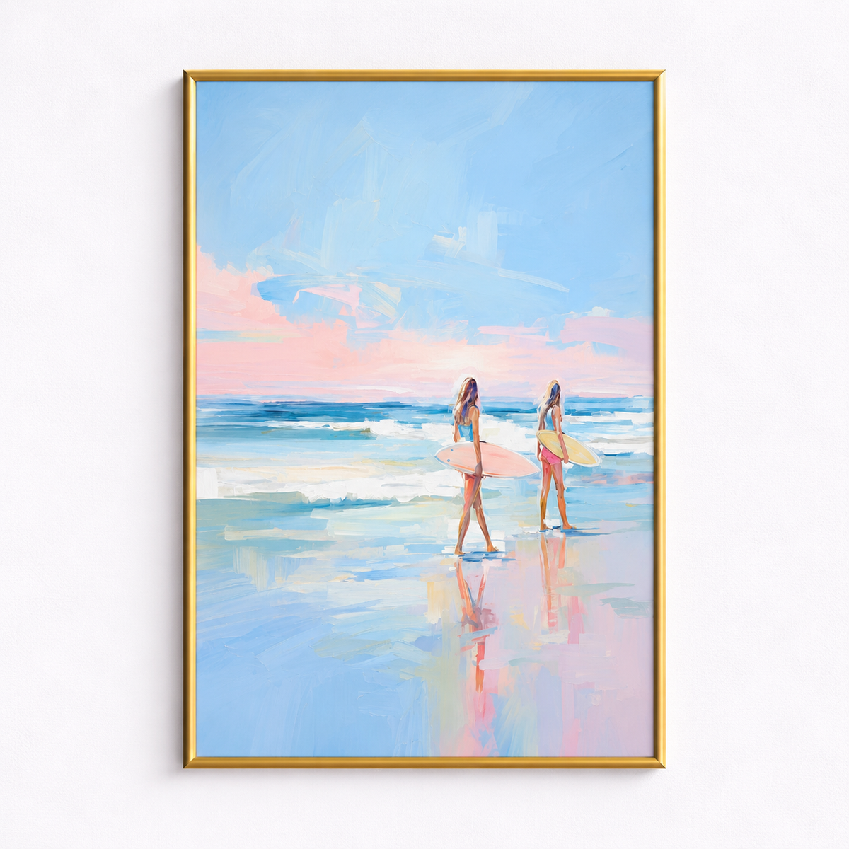 Chasing Waves Pastel Surfer Girls Coastal Art Poster