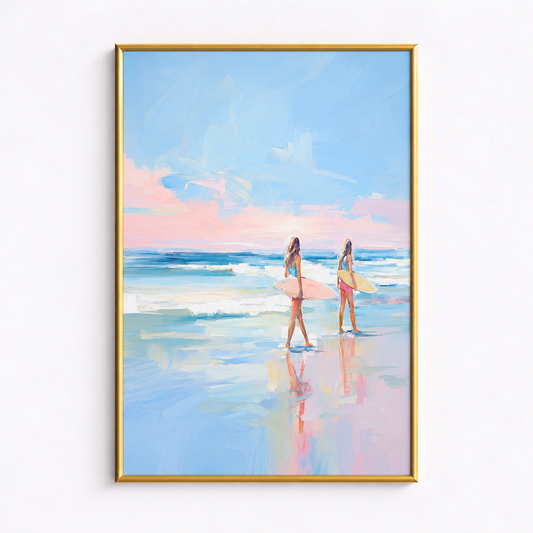 Chasing Waves Pastel Surfer Girls Coastal Art Poster