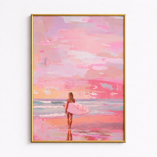 Pink Horizon Surfer Girl Coastal Art Poster