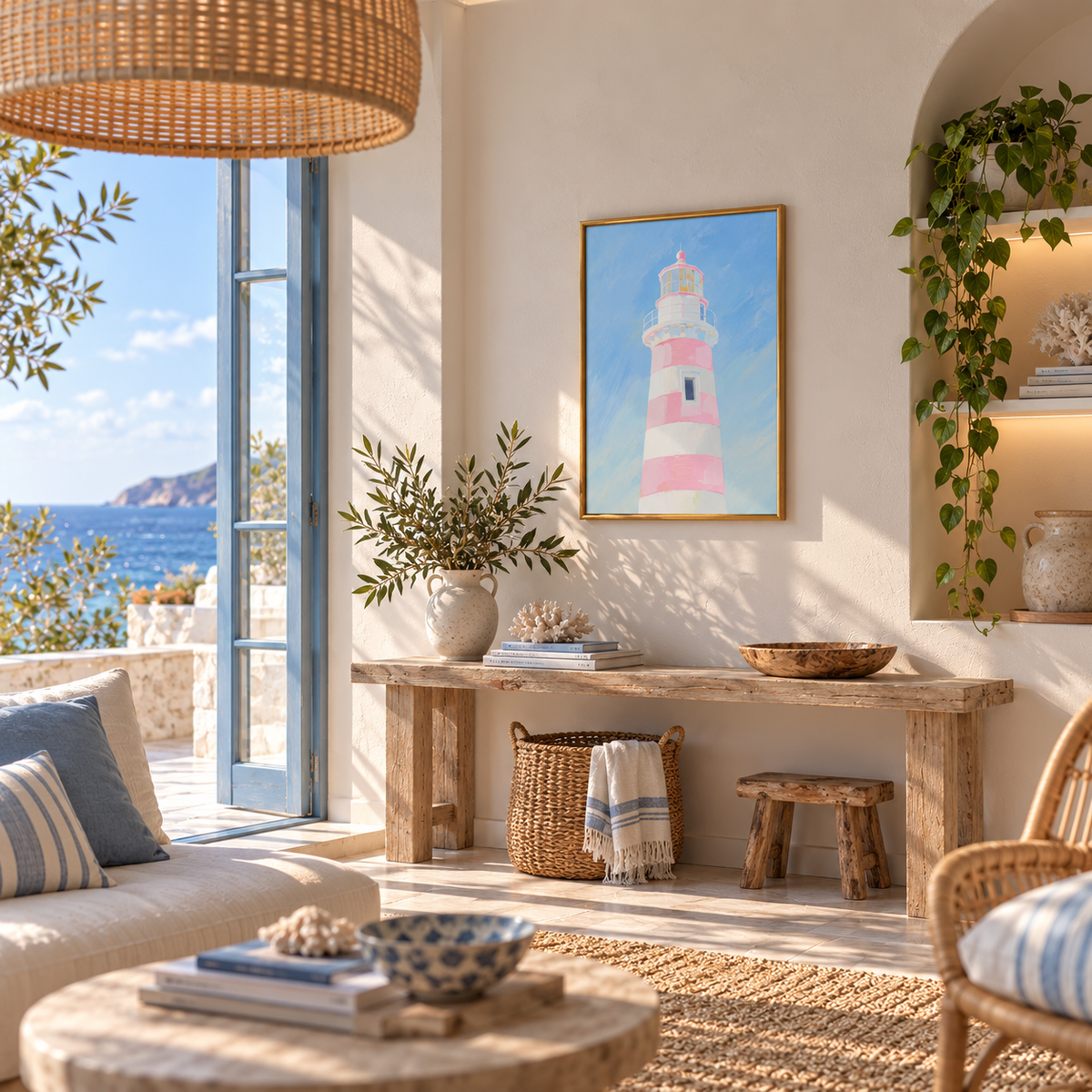 Blush Beacon Pastel Pink Lighthouse Coastal Art Poster