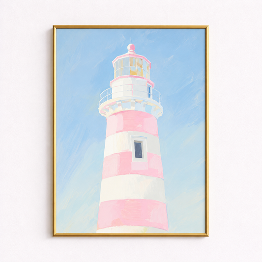 Blush Beacon Pastel Pink Lighthouse Coastal Art Poster