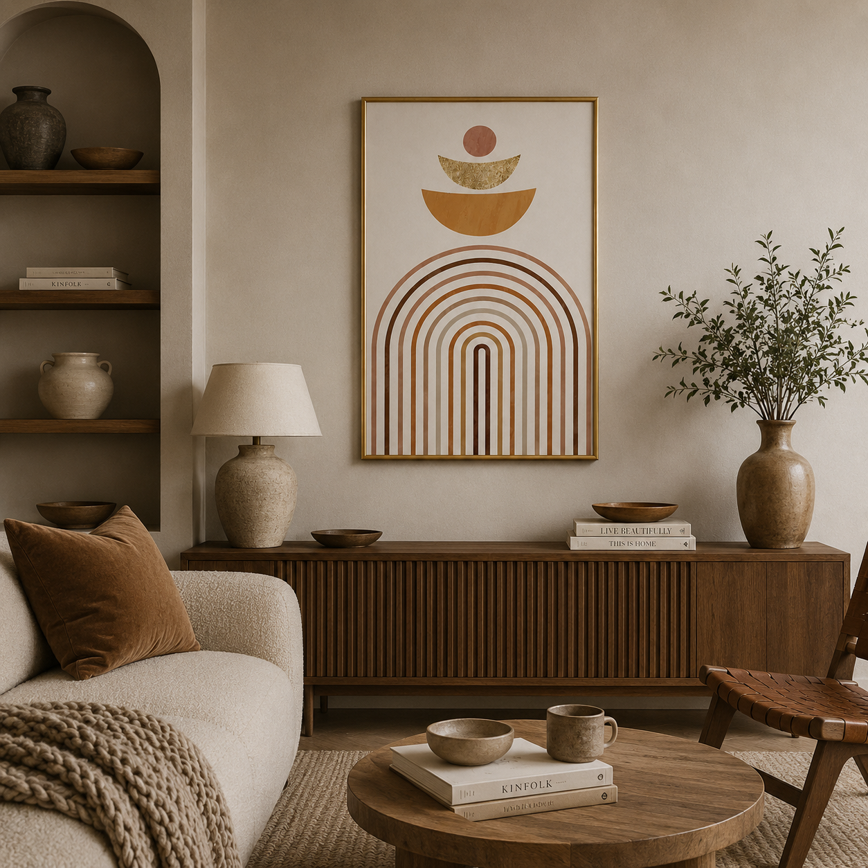 Golden Rainbow Arch Poster – Minimal Boho Geometric Wall Art