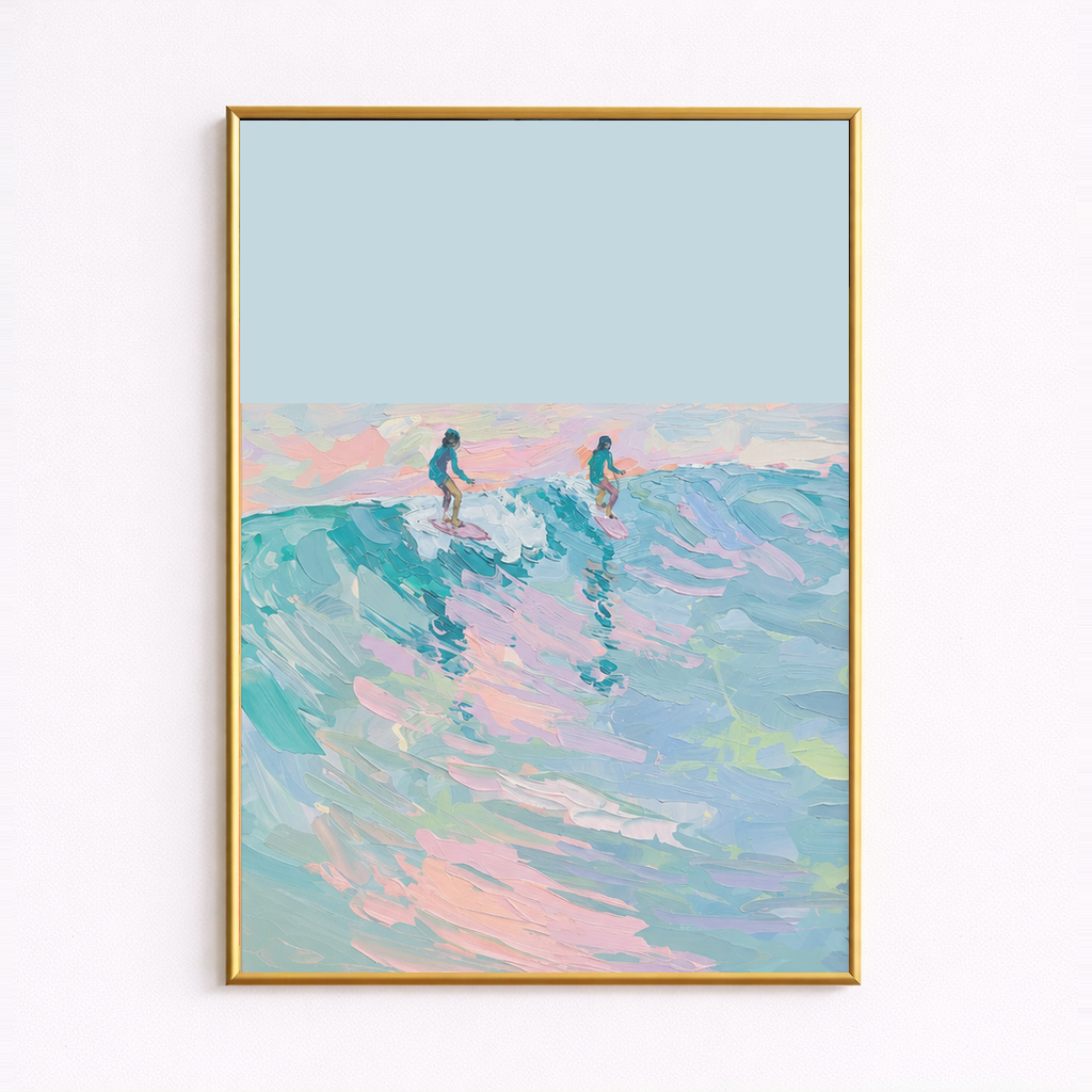 Pastel Break Surfers on the Waves Coastal Art Poster