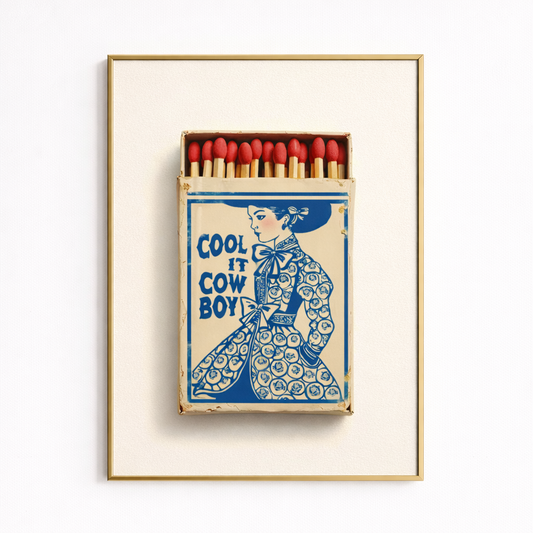 Cool It Cowboy Matchbook Print, Coastal Cowgirl Millennial Granddaughter Toile Chinoiserie Cobalt Blue White Poster Western Deco