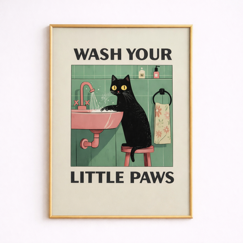 "Wash Your Paws" Cat Illustration Canvas Prints Poster Modern Funny Animal Art Prints Wash Room Bathroom Home Decor Art Poster