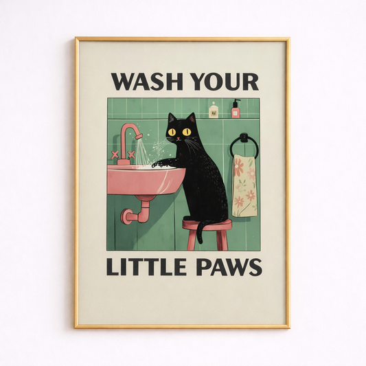 "Wash Your Paws" Cat Illustration Canvas Prints Poster Modern Funny Animal Art Prints Wash Room Bathroom Home Decor Art Poster