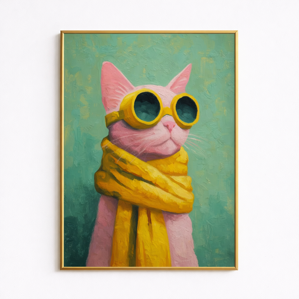Cool Cat Poster, Funky Animal Wall Art, Pink Cat in Sunglasses Print, Quirky Pop Art Illustration, Fun Pet Lover Home Decor