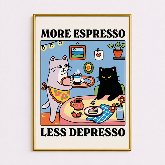More Espresso, Less Depresso Poster – Funny Cat Coffee Wall Art