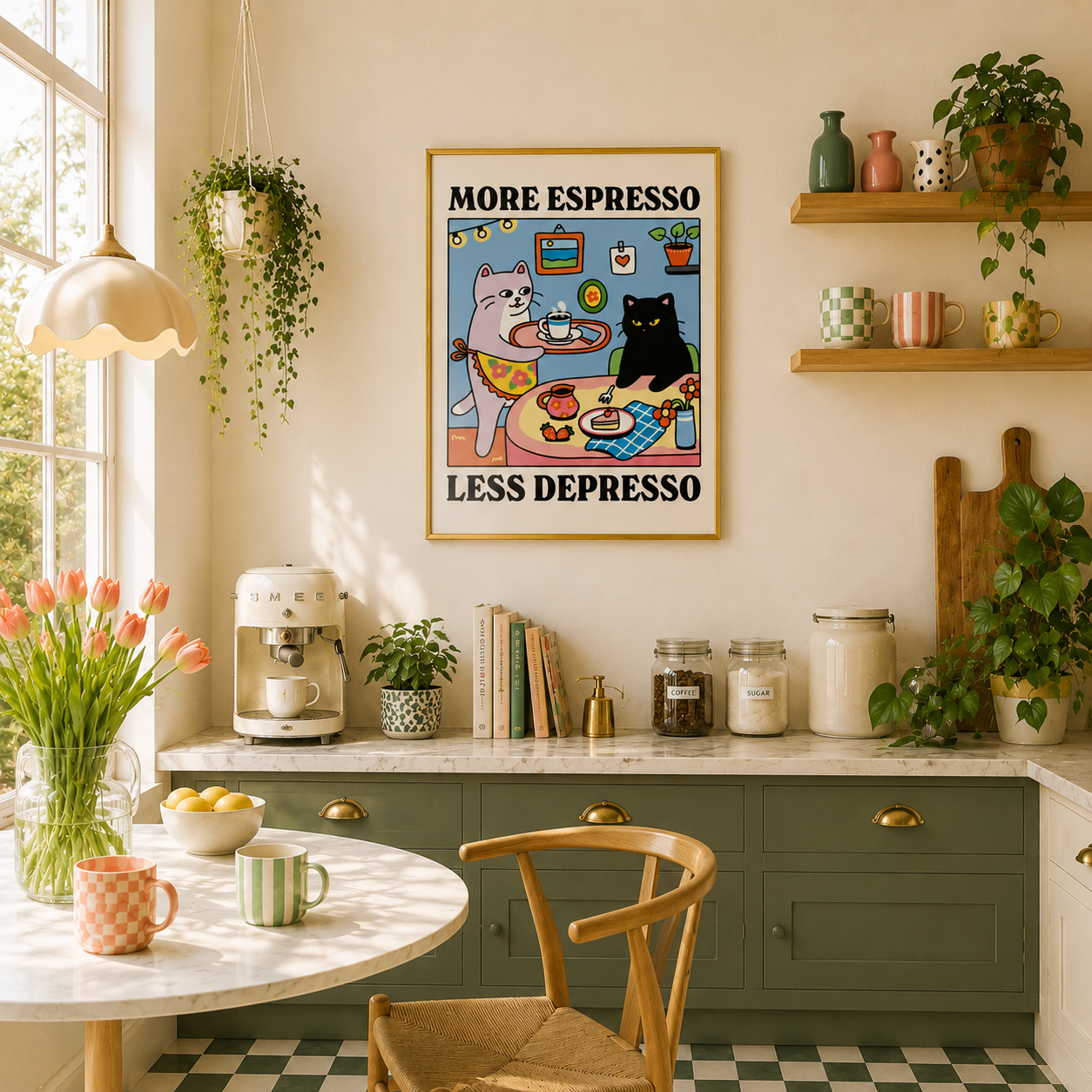 More Espresso, Less Depresso Poster – Funny Cat Coffee Wall Art