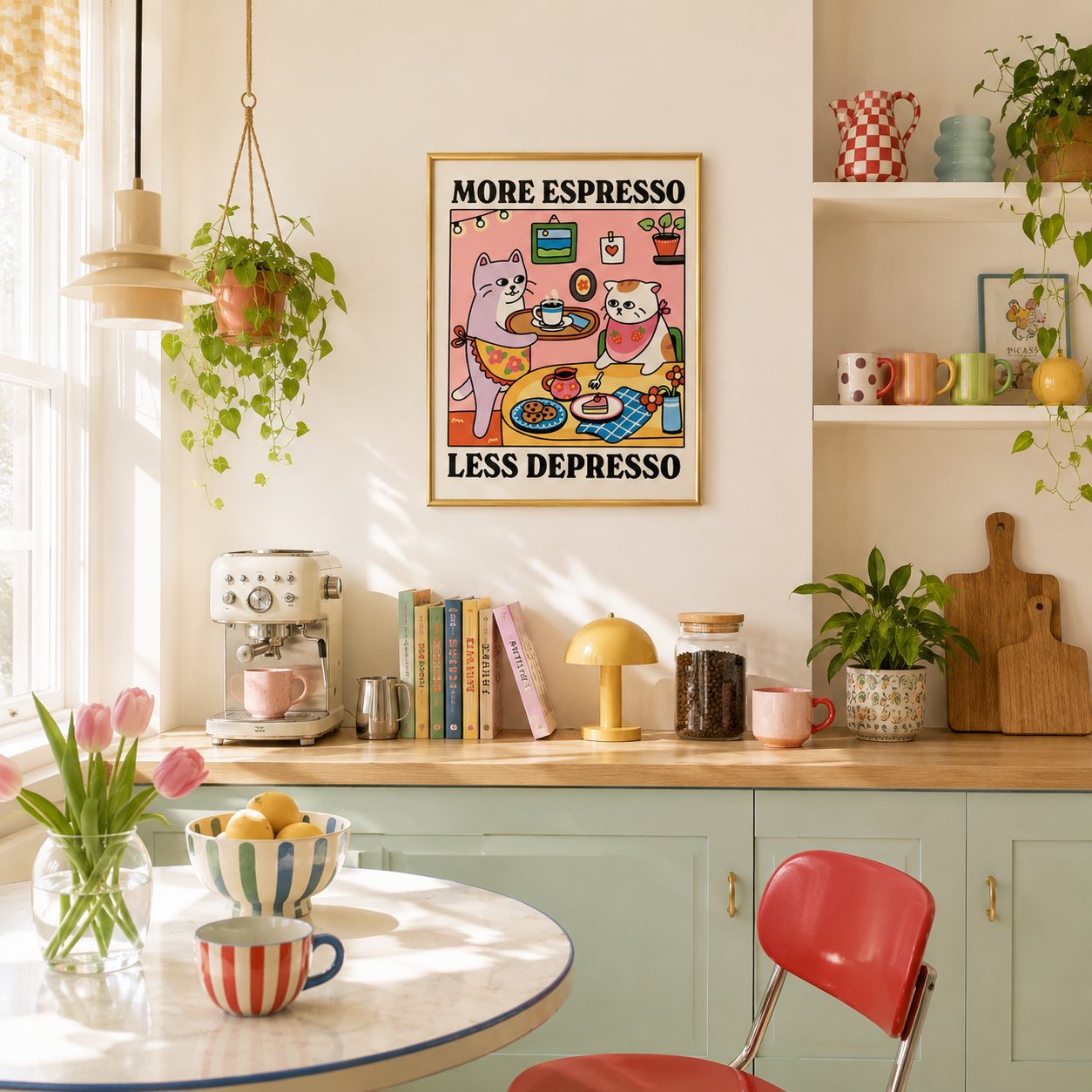 More Espresso, Less Depresso Poster – Cute Cat Café Wall Art
