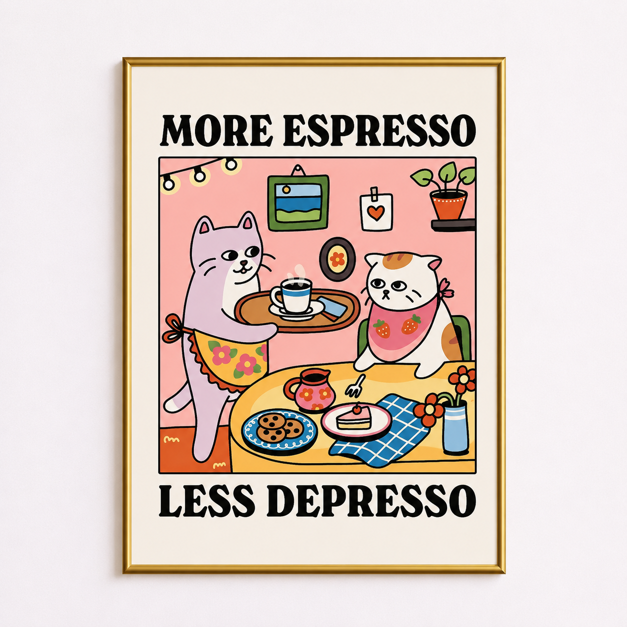 More Espresso, Less Depresso Poster – Cute Cat Café Wall Art