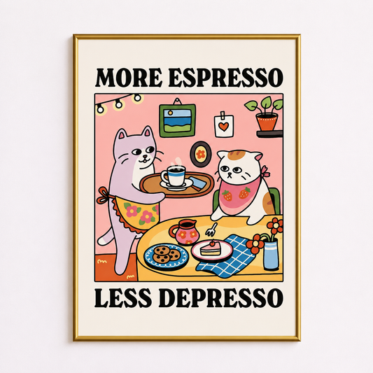 More Espresso, Less Depresso Poster – Cute Cat Café Wall Art