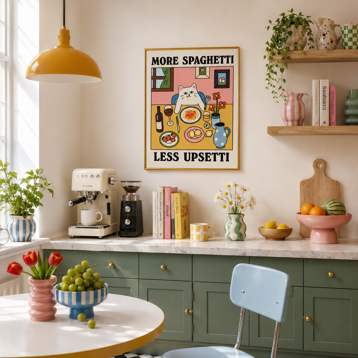 More Spaghetti, Less Upsetti Poster – Funny Italian Cat Kitchen Wall Art