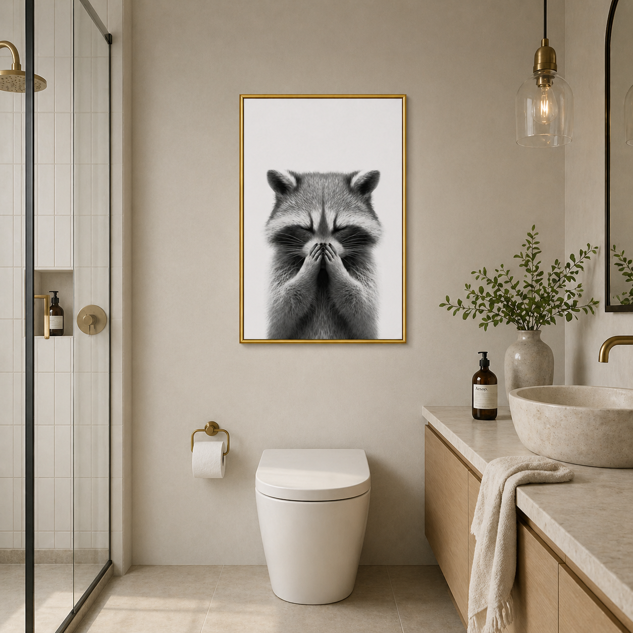 Funny Bathroom Raccoon Poster – “Hold Your Breath” Wall Art