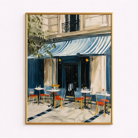 Blue Awning Café Poster – European Bistro Wall Art
