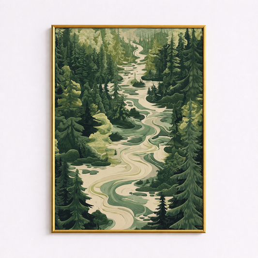 Whispering Forest River Poster – Serene Nature Landscape Wall Art