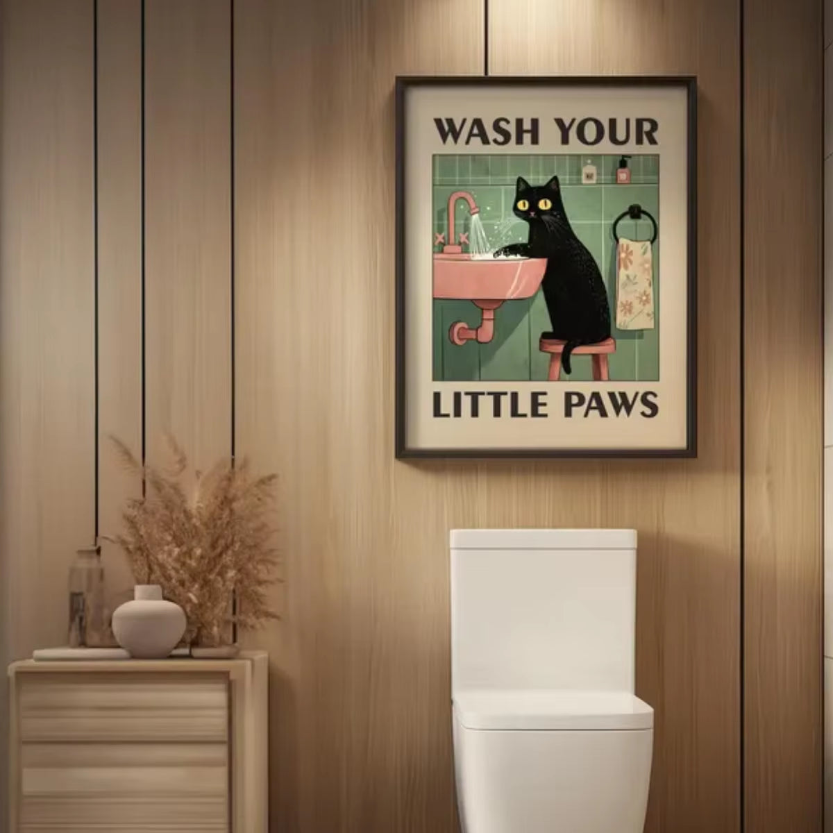 "Wash Your Paws" Cat Illustration Canvas Prints Poster Modern Funny Animal Art Prints Wash Room Bathroom Home Decor Art Poster