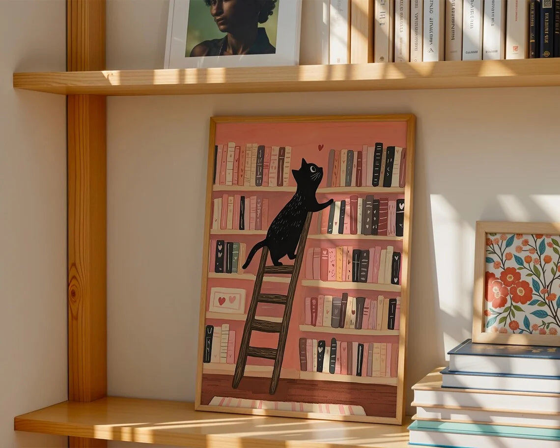 Black Cat Library Wall Art Pink Bookshelf Illustration Valentine Reading Poster Cozy Nursery Decor Book Lover Printable Digital
