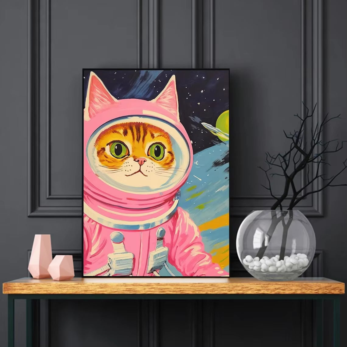 Cat Astronaut Poster, Funny Cat Canvas, Whimsical Cat in Space Wall Art, Cute Pink Cat Poster for Room Aesthetic, Colorful Kids