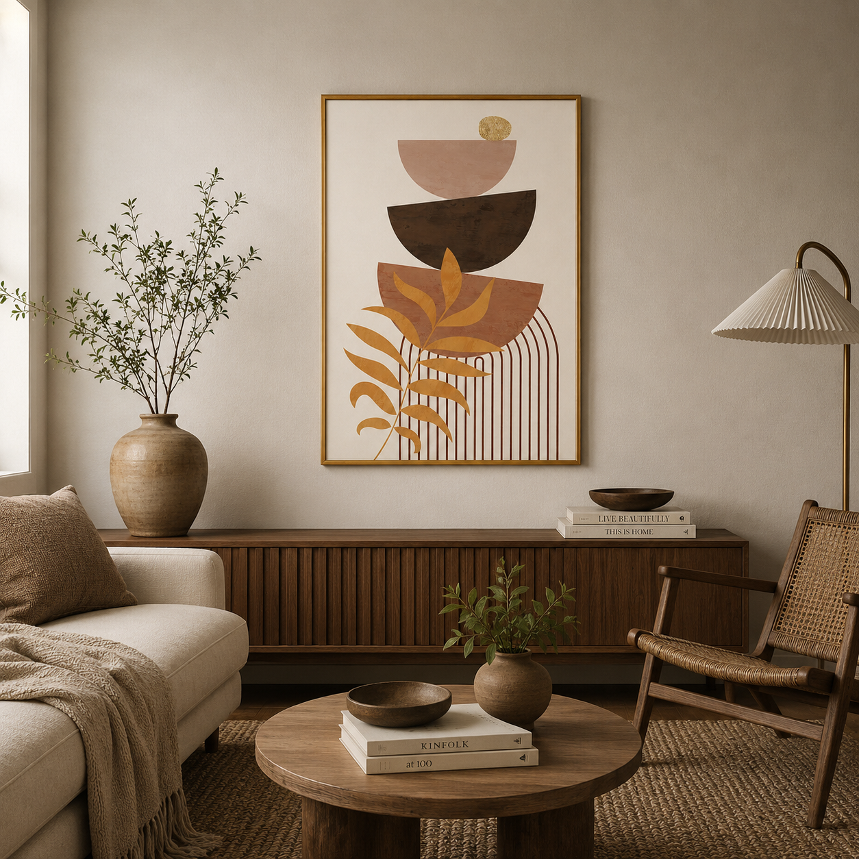 Golden Botanical Balance Poster – Minimal Boho Abstract Wall Art